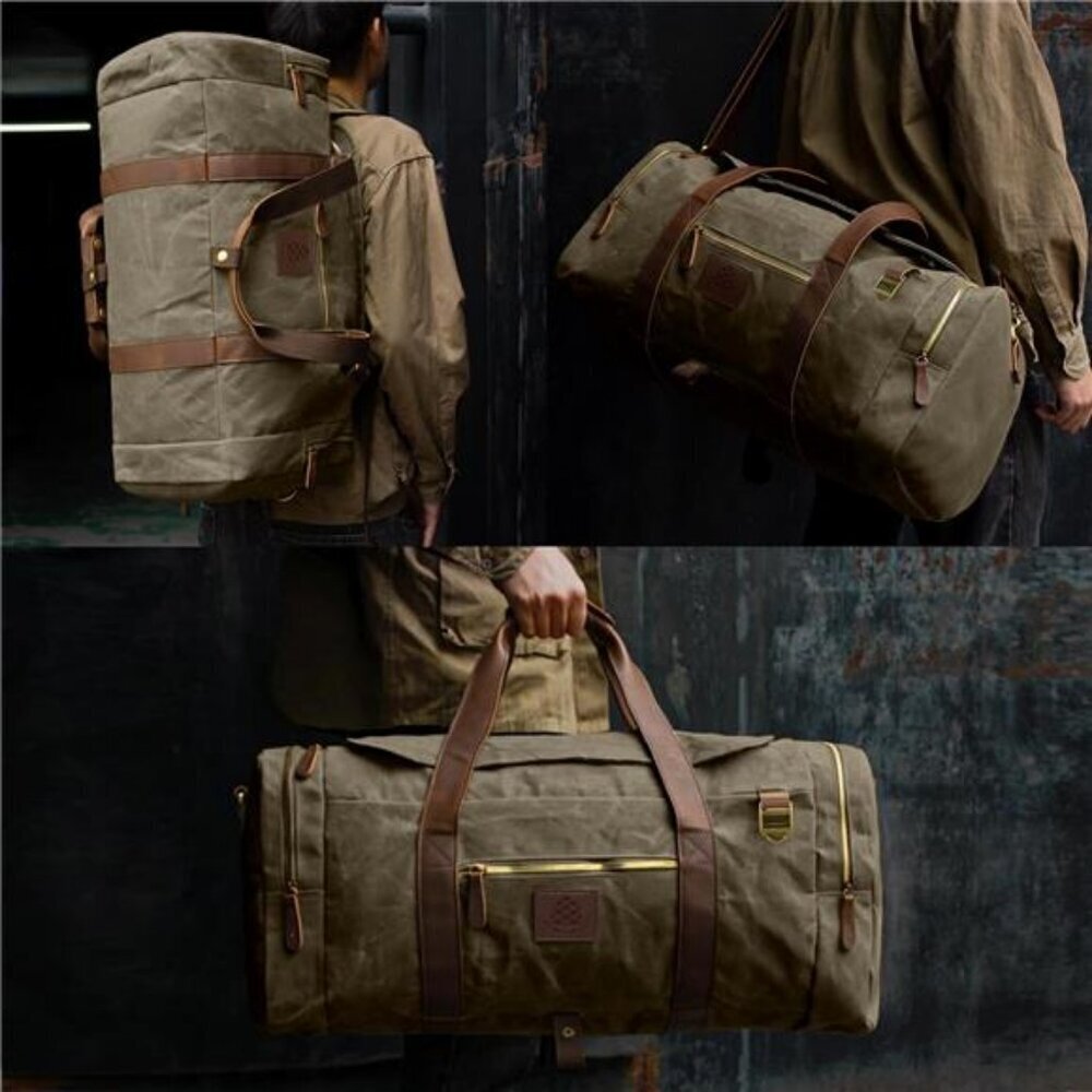 Vintage Waxed Canvas Duffle Bag 50L Travel Leather - Picture 2 of 8